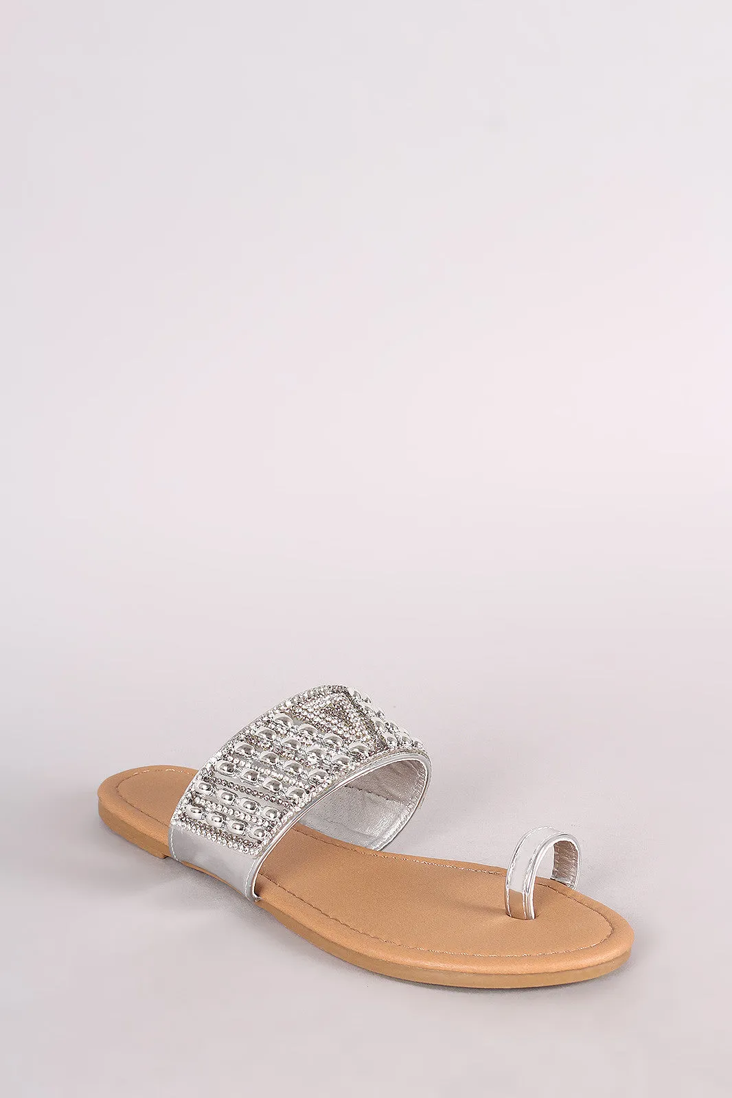 Qupid Metallic Rhinestone Accent Toe Ring Flat Sandal