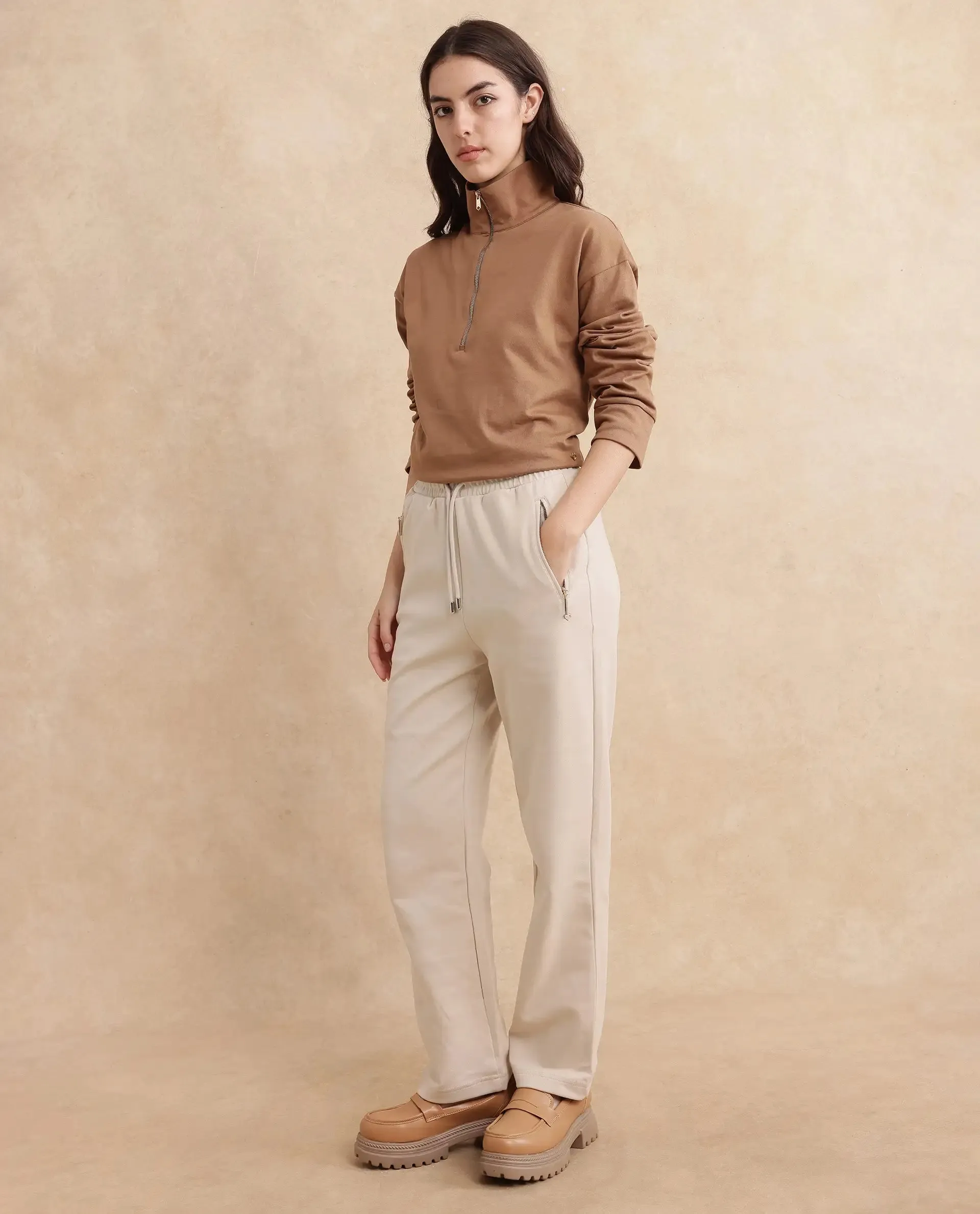 Rareism Women Fider Beige Plain Track Pant