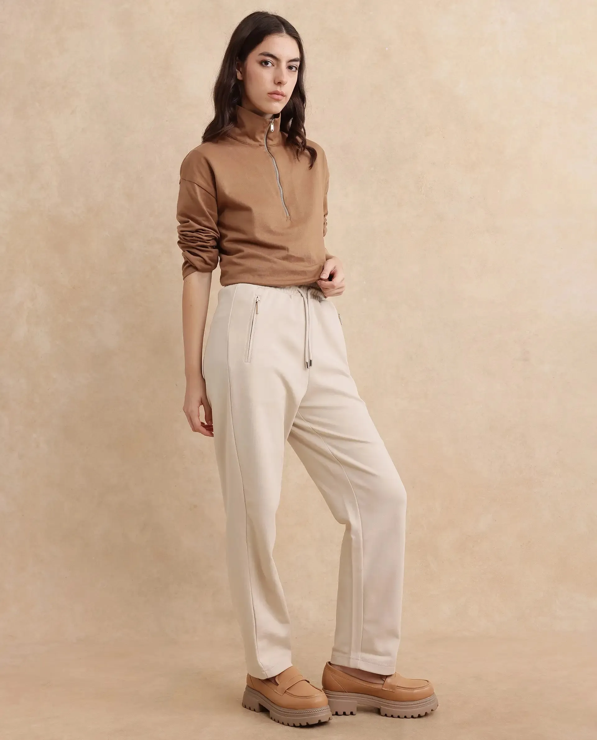 Rareism Women Fider Beige Plain Track Pant