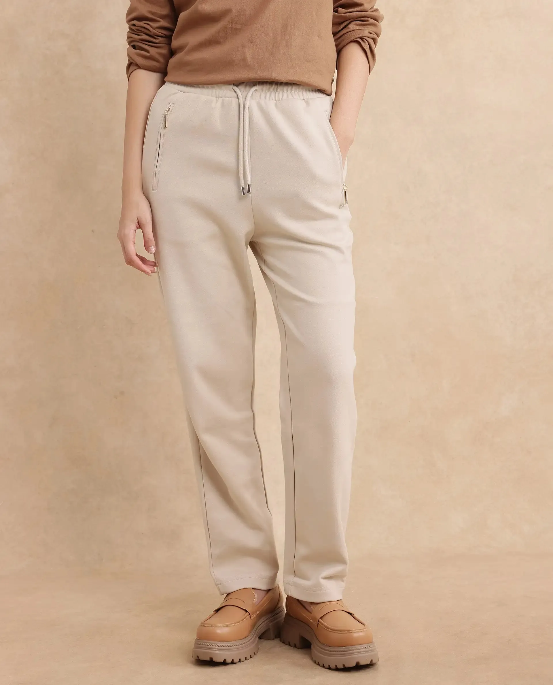 Rareism Women Fider Beige Plain Track Pant