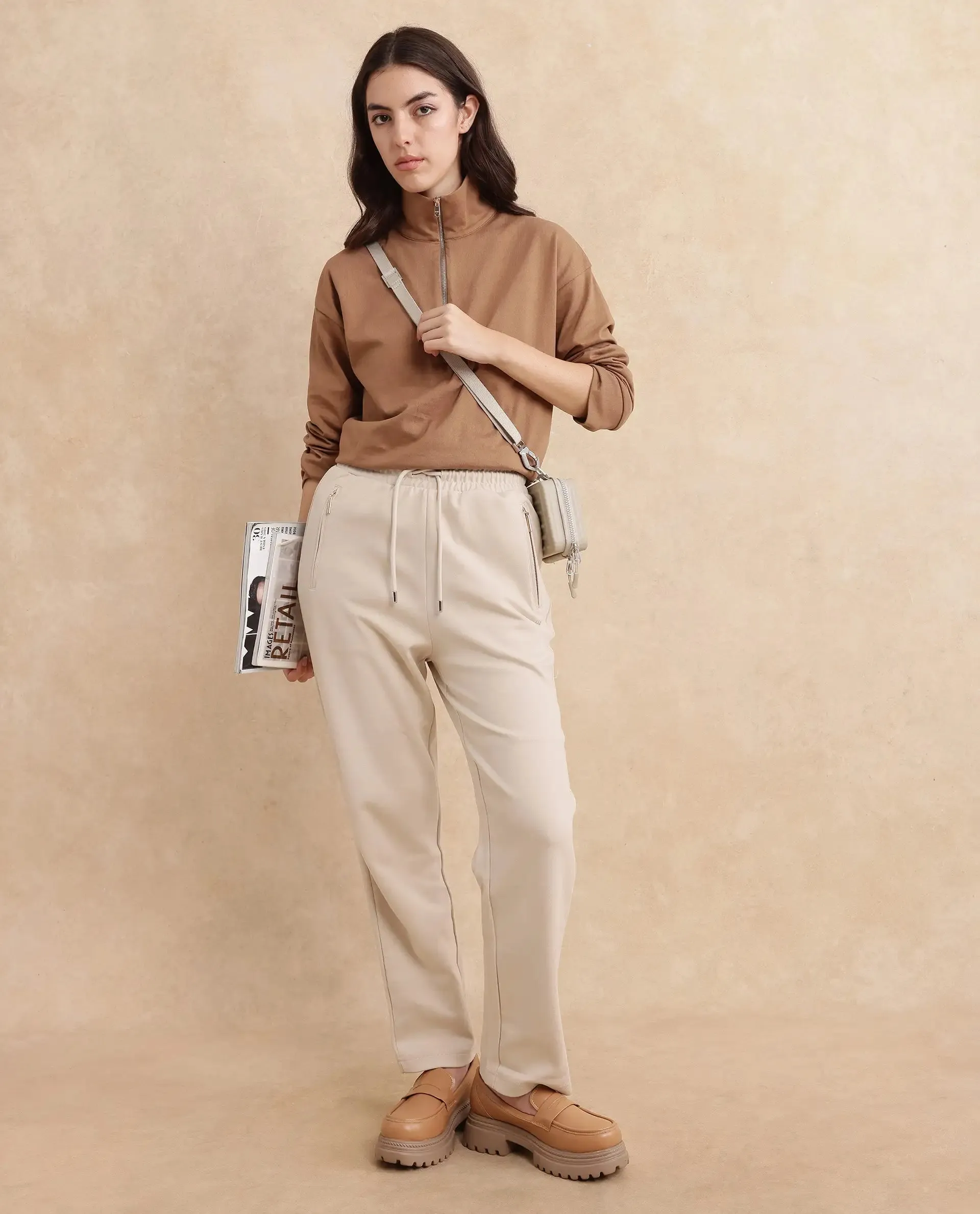 Rareism Women Fider Beige Plain Track Pant