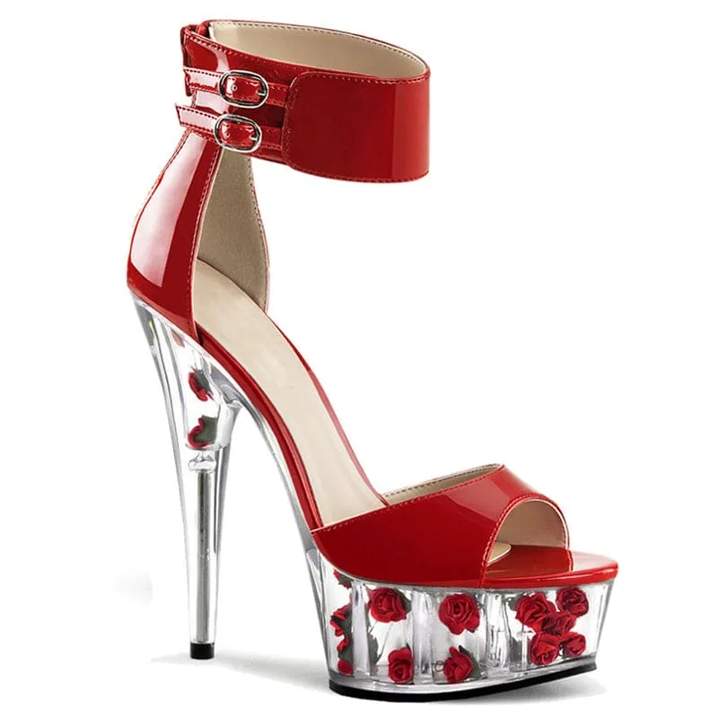 Red Patent Leather High Heel Ankle Strap with Rose Filled Transparent Base