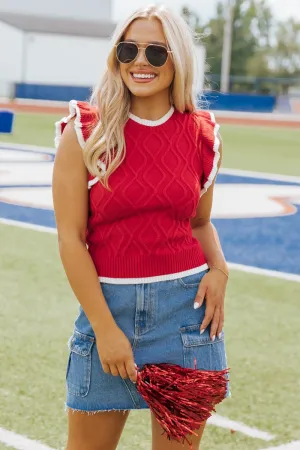 Ruffled Cable Knit Sweater - Red - FINAL SALE