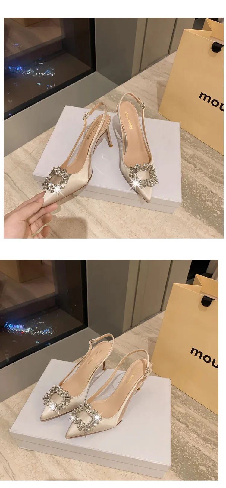 Satin Rhinestone Square High Heels