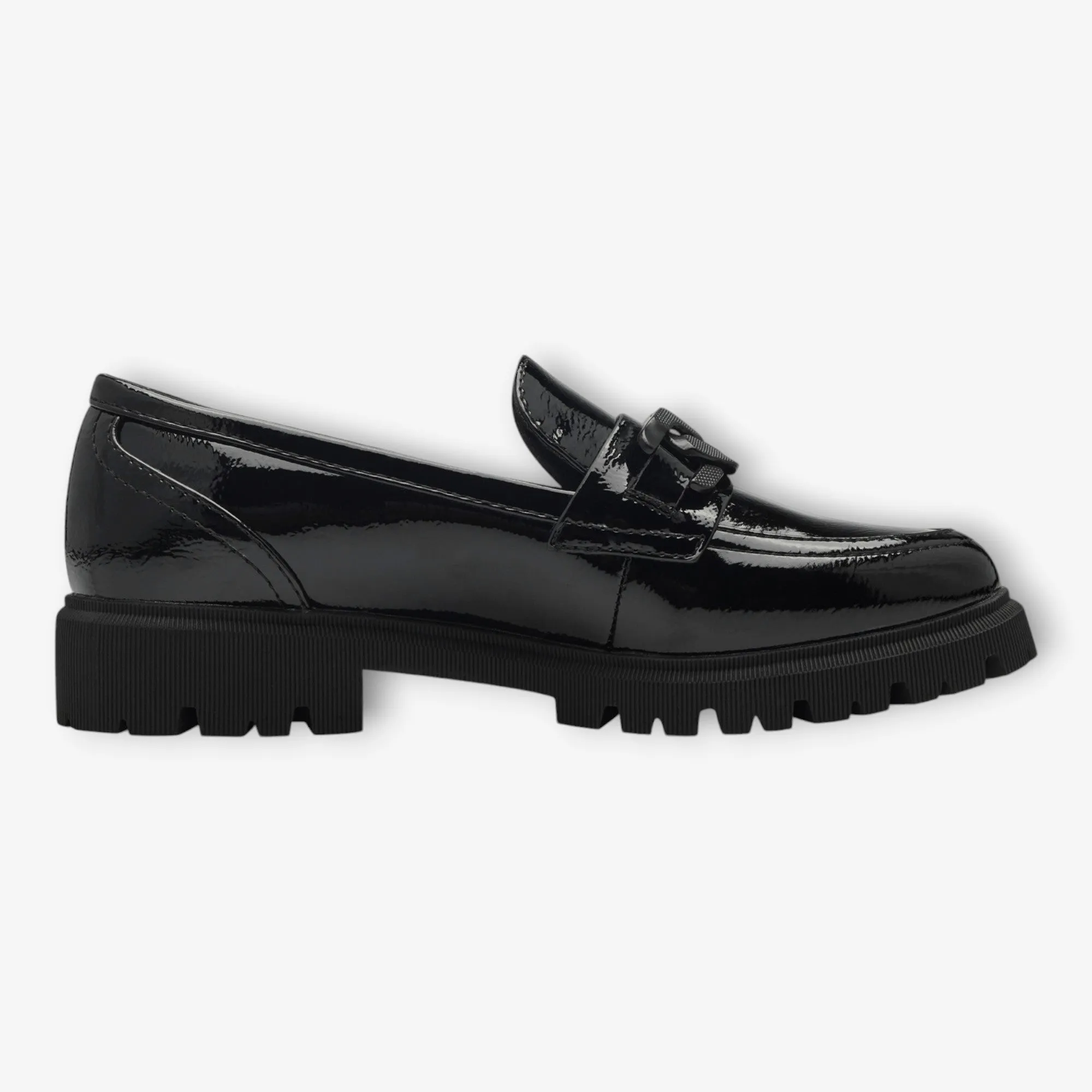 S.Oliver Black Patent Chunky Loafers with Chain Detail