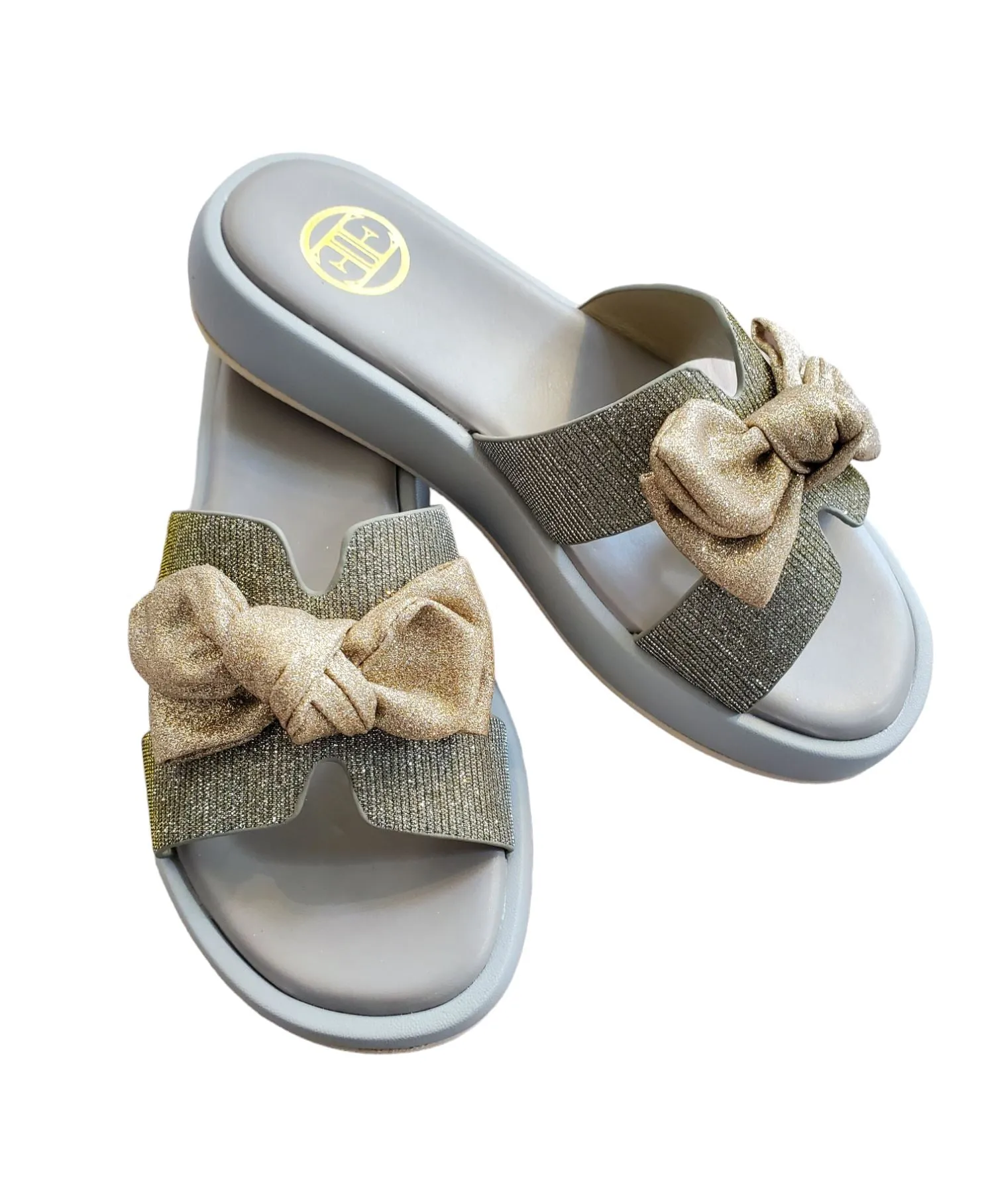 SPARKLE OPEN TOE PEWTER SLIP ON WITH BOW