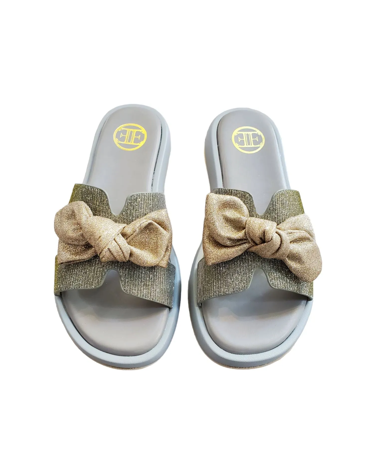 SPARKLE OPEN TOE PEWTER SLIP ON WITH BOW