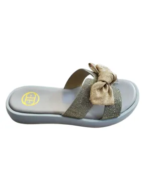 SPARKLE OPEN TOE PEWTER SLIP ON WITH BOW