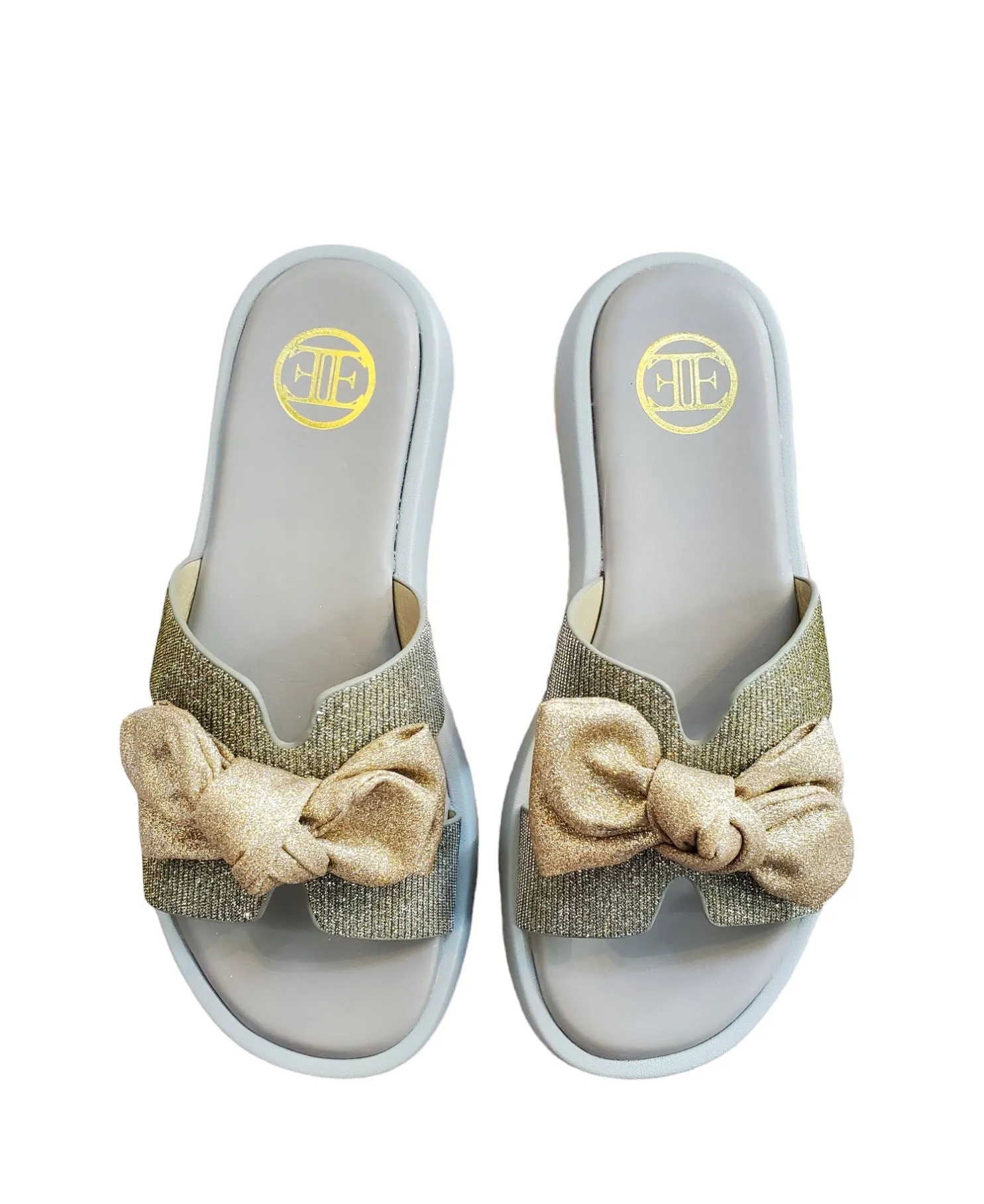 SPARKLE OPEN TOE PEWTER SLIP ON WITH BOW