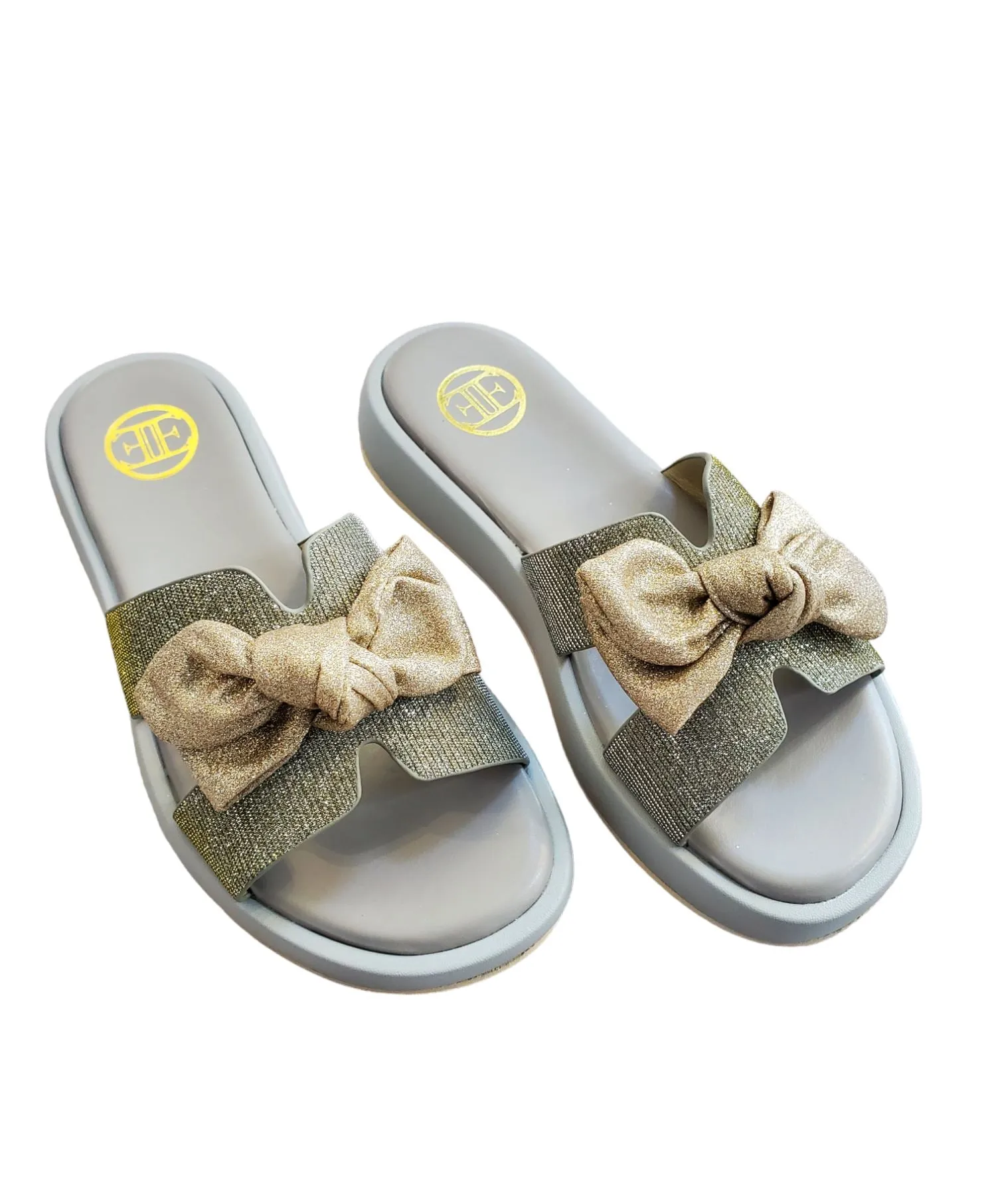 SPARKLE OPEN TOE PEWTER SLIP ON WITH BOW