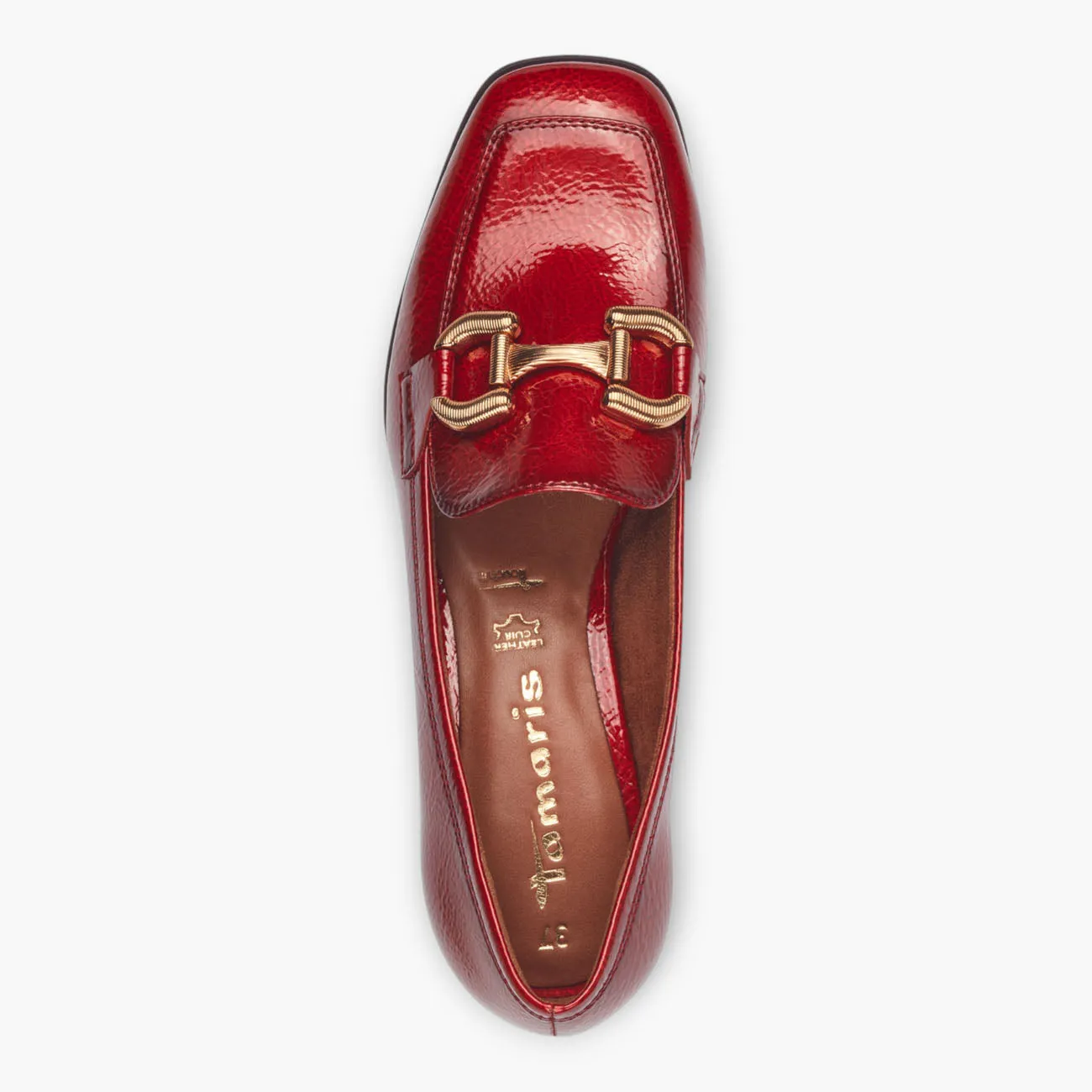 Tamaris Red Patent Loafers with Block Heel and Gold Chain Detail