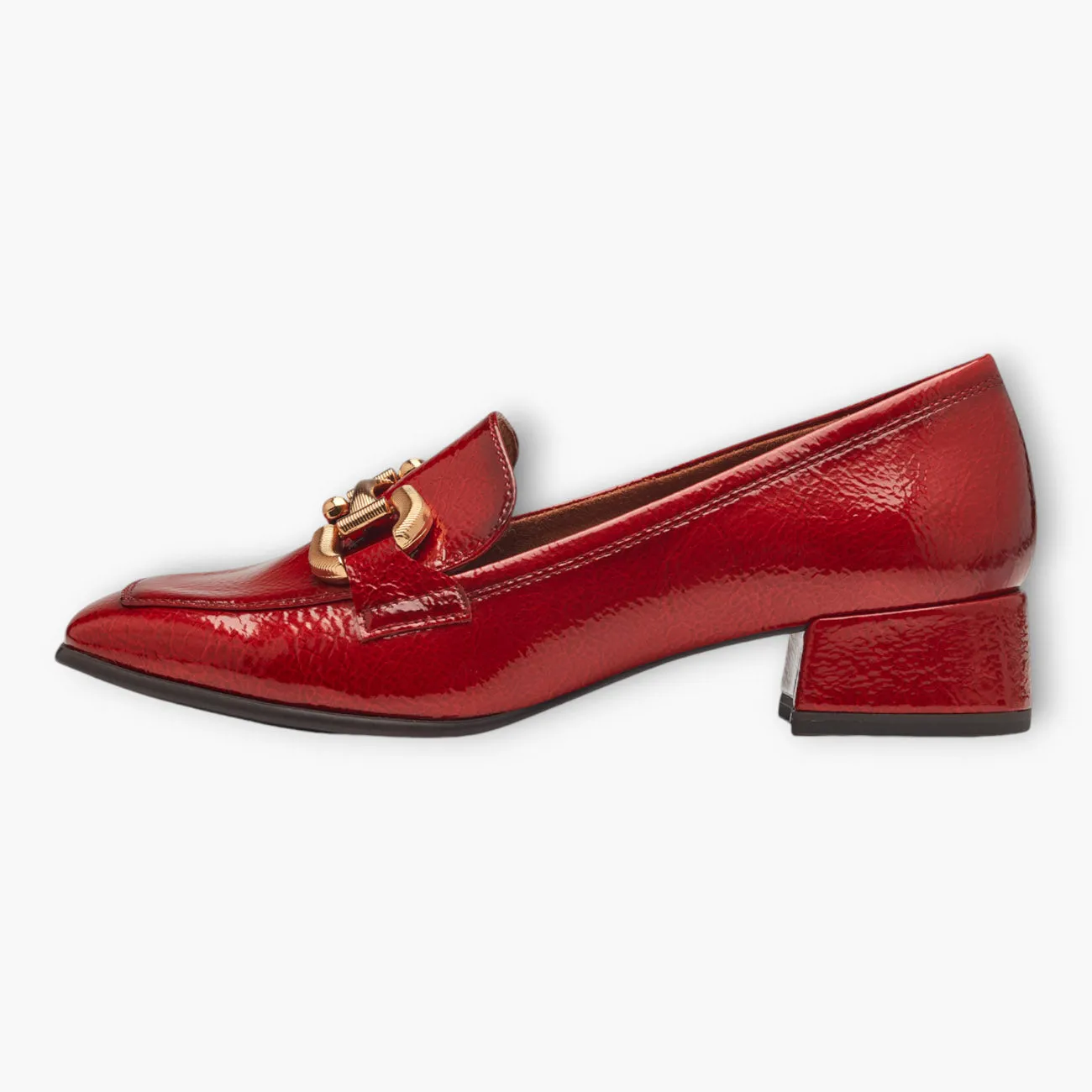 Tamaris Red Patent Loafers with Block Heel and Gold Chain Detail