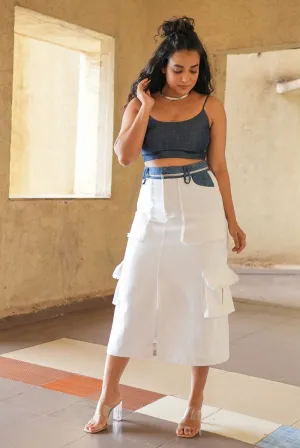 WHITE DENIM CARGO SKIRT