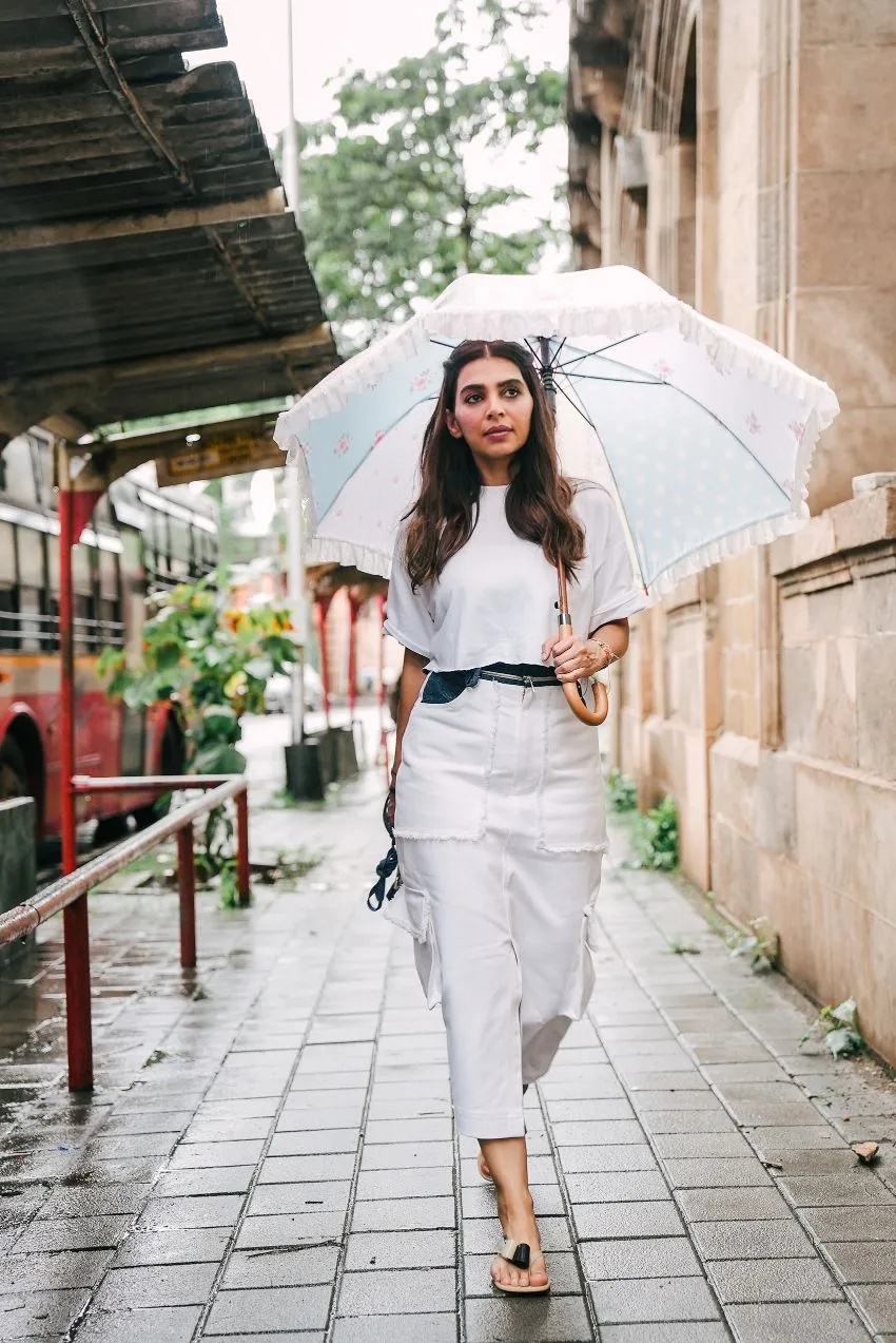 WHITE DENIM CARGO SKIRT