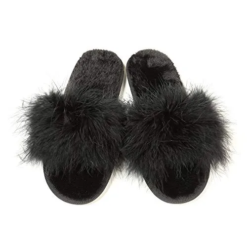 Women's Furry Fur Slippers Memory Foam House Slippers House Shoes(Black,6.5-7)