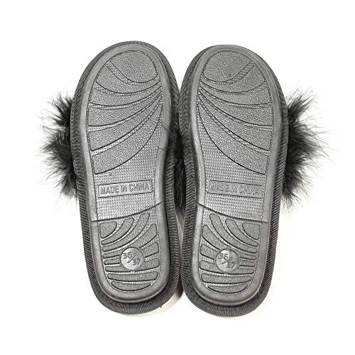 Women's Furry Fur Slippers Memory Foam House Slippers House Shoes(Black,6.5-7)