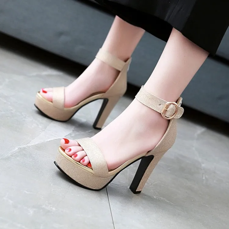 Women's Sparkling Ankle Wrap Chunky Heel Platform Sandals