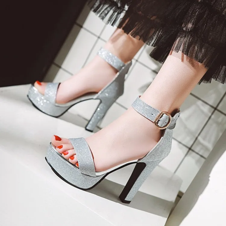 Women's Sparkling Ankle Wrap Chunky Heel Platform Sandals