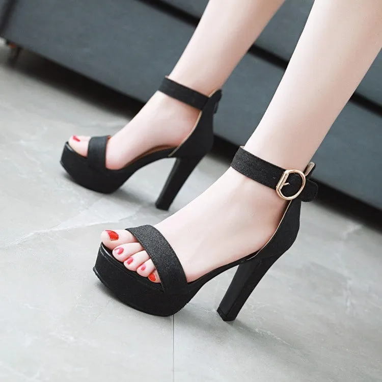 Women's Sparkling Ankle Wrap Chunky Heel Platform Sandals