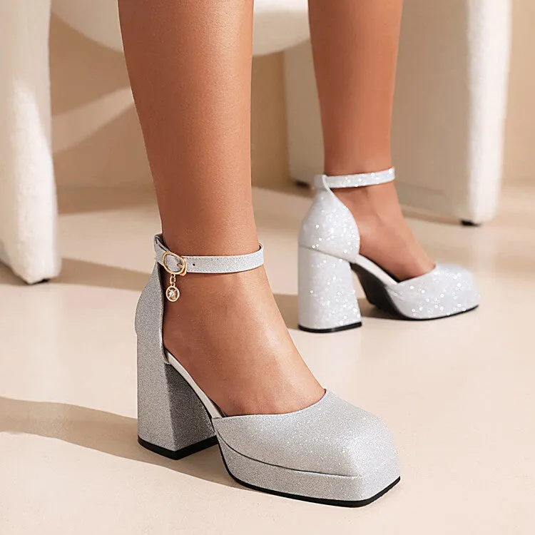 Women's Sparkling Square Toe Ankle Strap Metal Buckle Block Heel Sandals