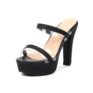 Women's Sparkling Transparent Pvc Strap Chunky Heel Platform Sandals